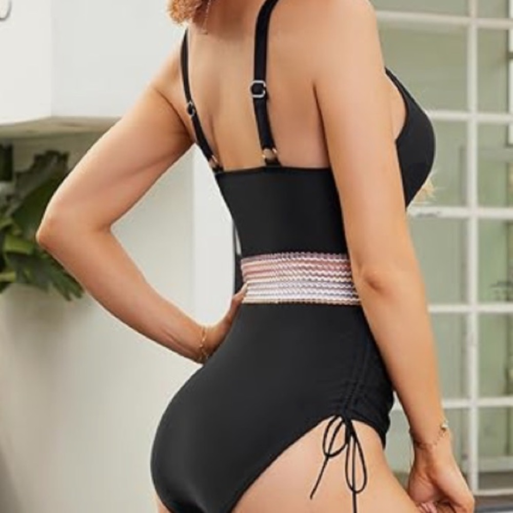 Black One Piece Tummy Control Swimsuit with Striped Waist - Picture 16 of 16